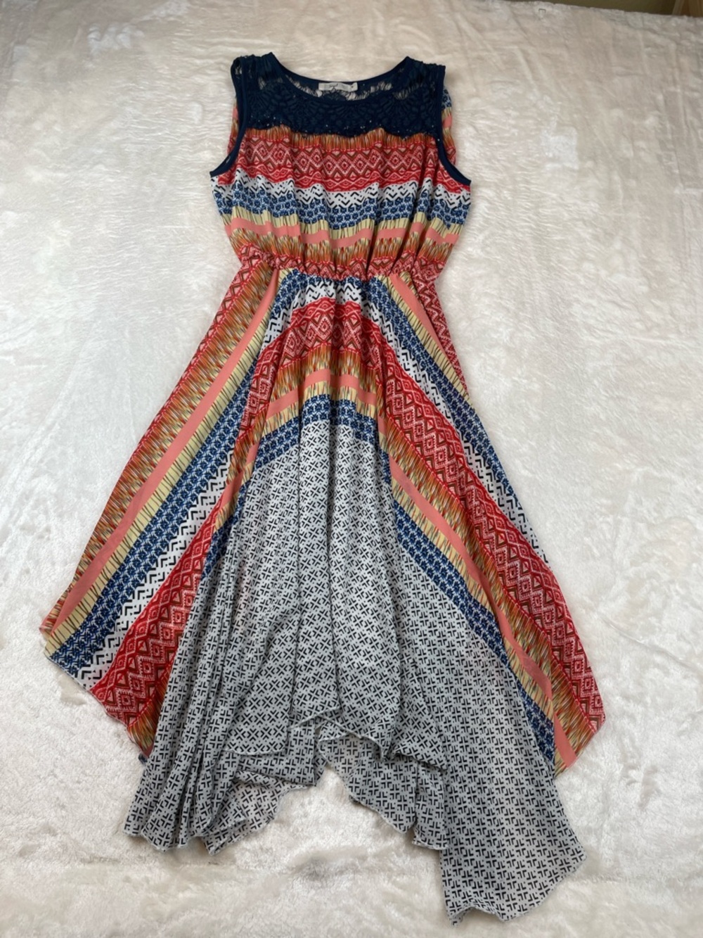 Hazel Size S Navy Multicolor Striped Lace Yoke High-Low Dress | Summer | Unique